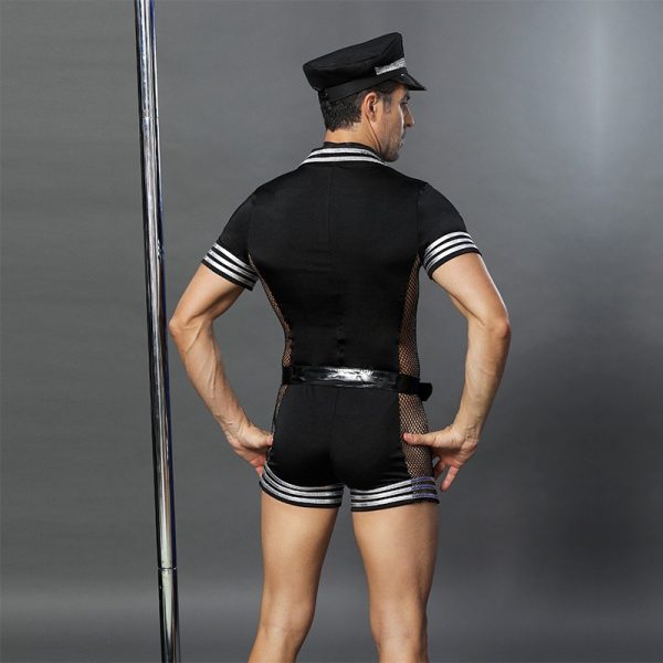 Mens Sexy Police Officer Uniform Cosplay Costume Halloween Cop Uniform Outfit with Belt and Mesh