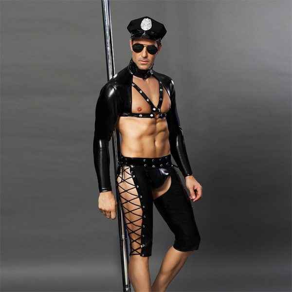 Mens Sexy Lingerie Police Uniforms Gay Bar Performance Clothing Black Nightclub Sexy Underwear Uniform Temptation